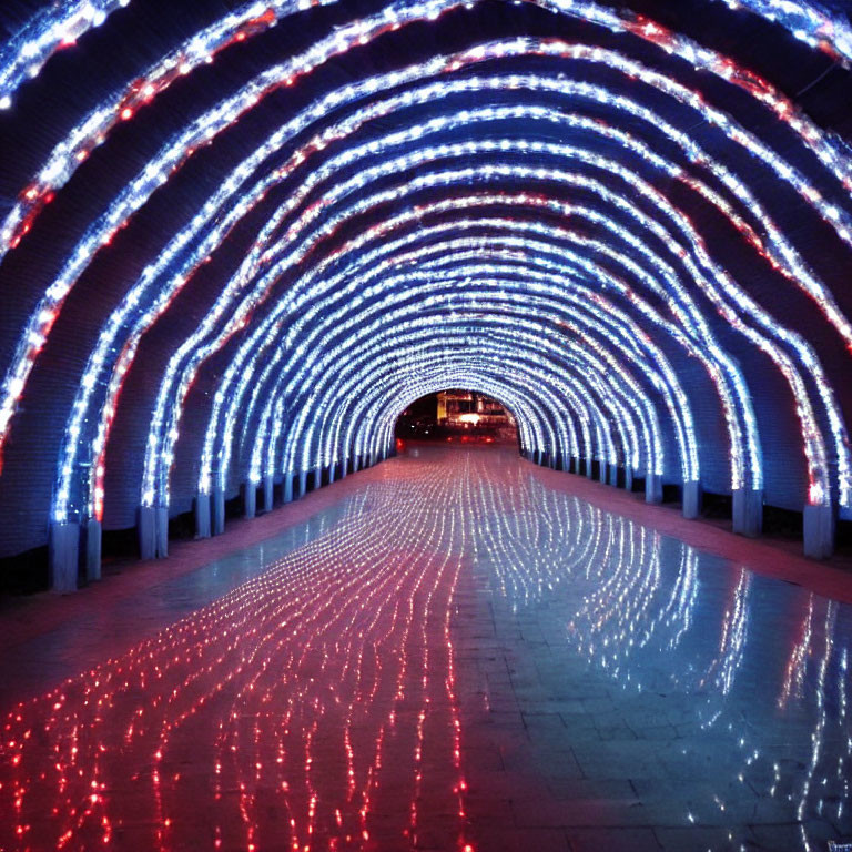 Colorful LED-Lit Tunnel with Glossy Floor Reflections