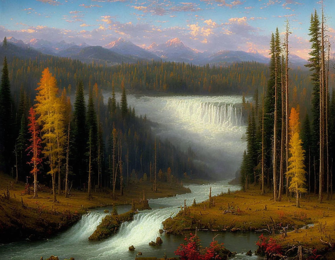 Autumn forest landscape with waterfall, river, and mountains