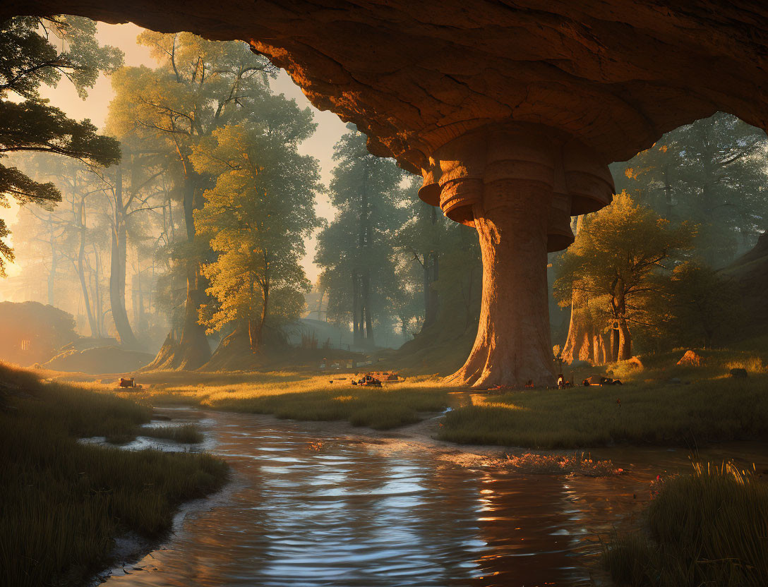 Fantasy forest scene with giant mushroom tree, river, sunlight, and tiny figures