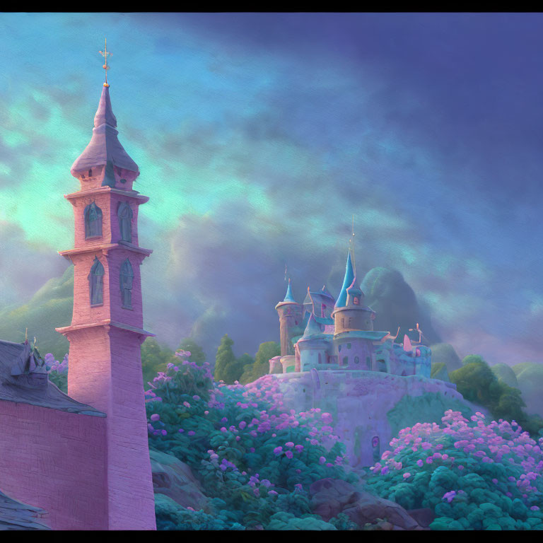 Whimsical animated castle on cliff with pink blossoms under twilight sky