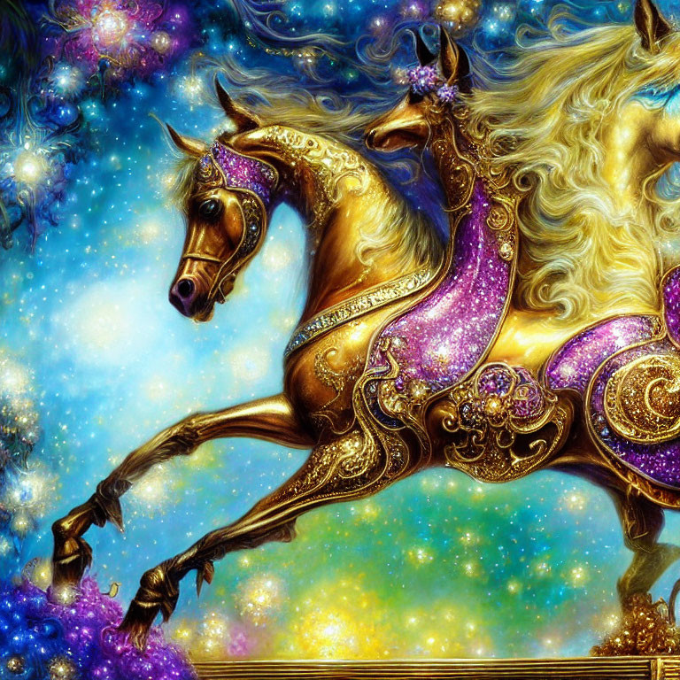 Golden horse in celestial armor galloping in cosmic scene