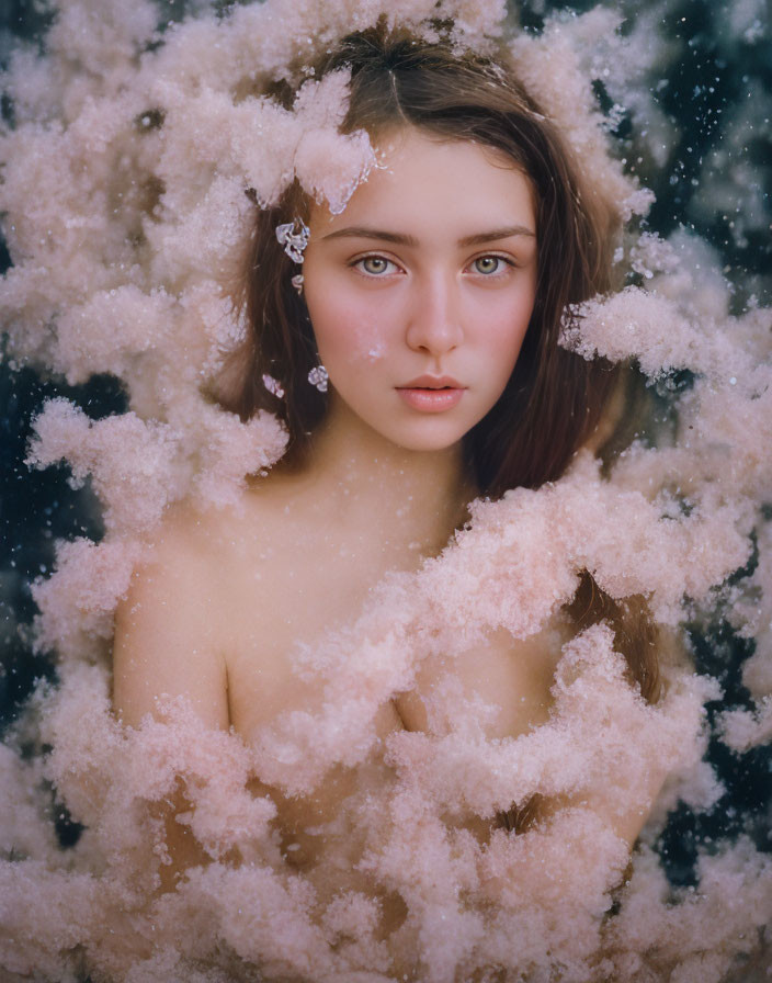 Young woman portrait with pink blossoms and snowflakes.