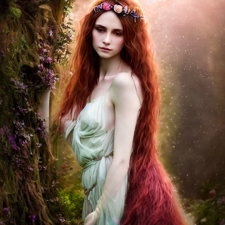 Red-haired woman in floral crown and green dress by tree in magical setting