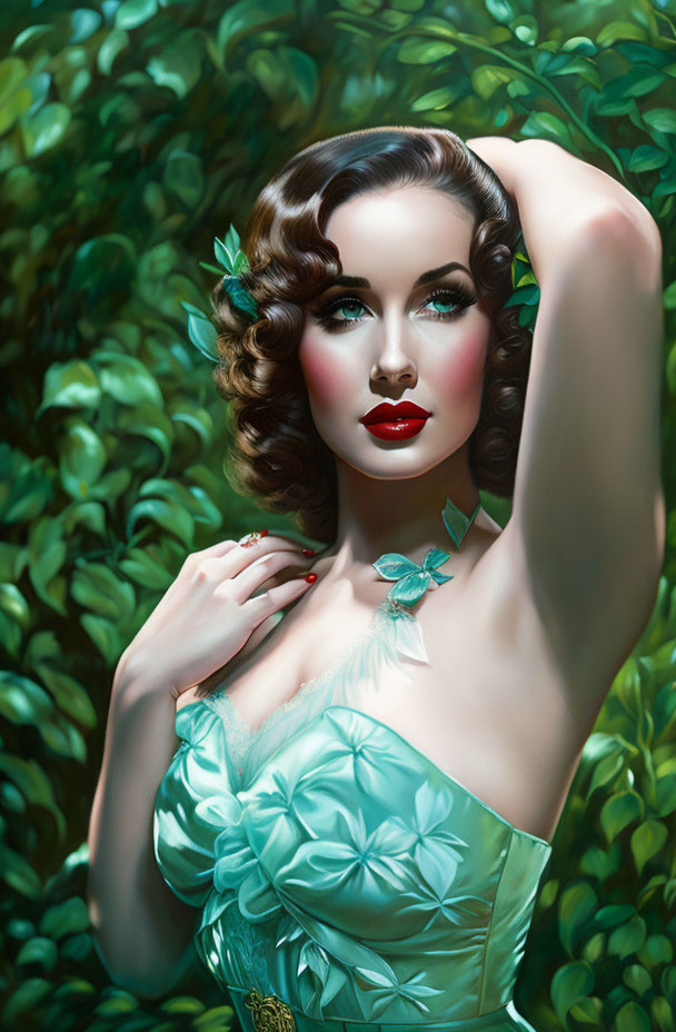 Vintage Style Portrait of Woman with Wavy Hair and Leaf Accessories