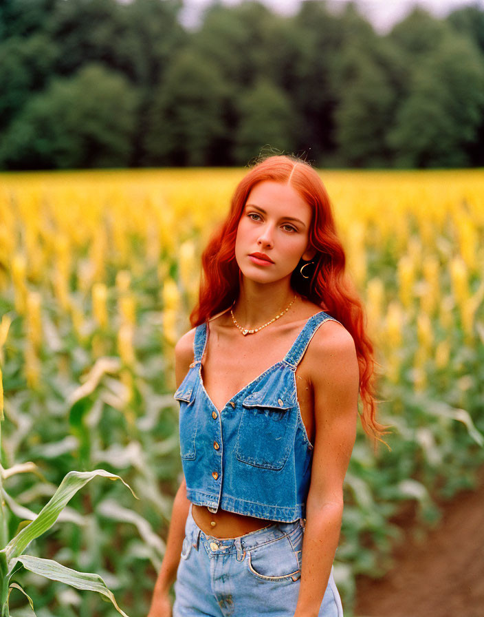 Red-haired woman in denim vest and jeans in front of green field with yellow flowers.