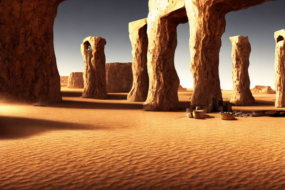 Desert stone arches casting shadows over camping gear