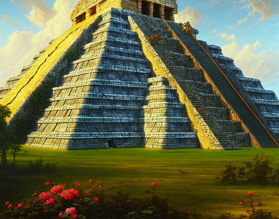 Ancient Mesoamerican pyramid with steps in lush greenery at sunset