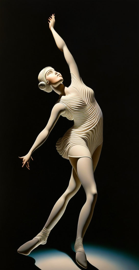 Luminous female dancer in dynamic pose with pleated dress on dark background