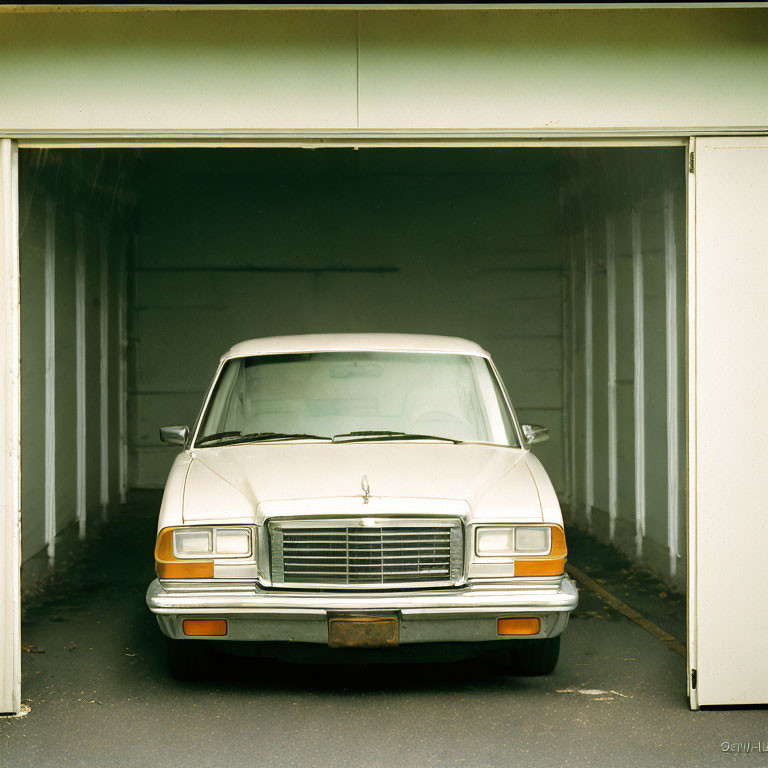 Vintage Car Front View in Halfway Open Garage