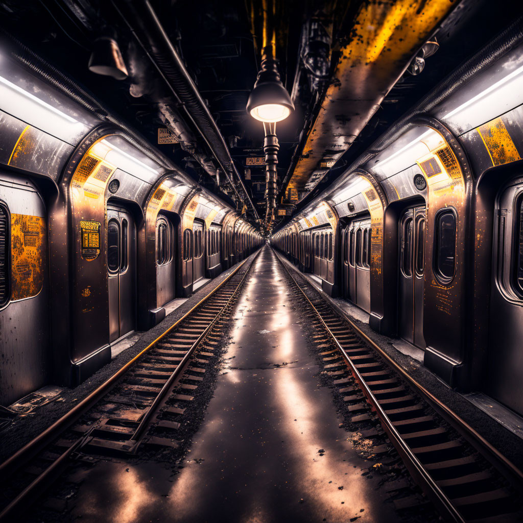 Symmetrical Empty Subway Station with Trains and Dim Lighting