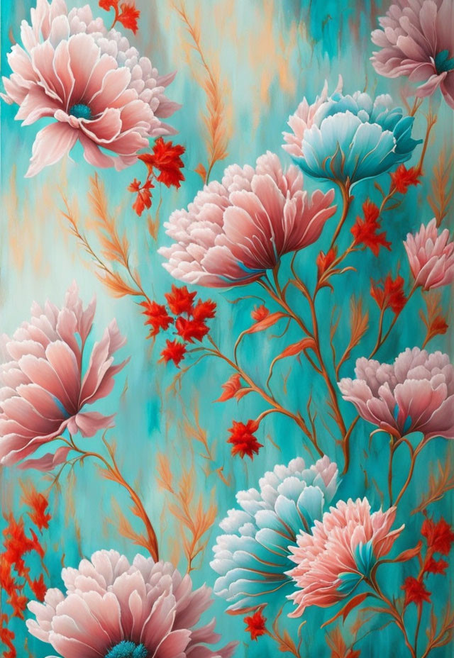 Colorful Floral Painting with Pink and Blue Flowers on Turquoise Background