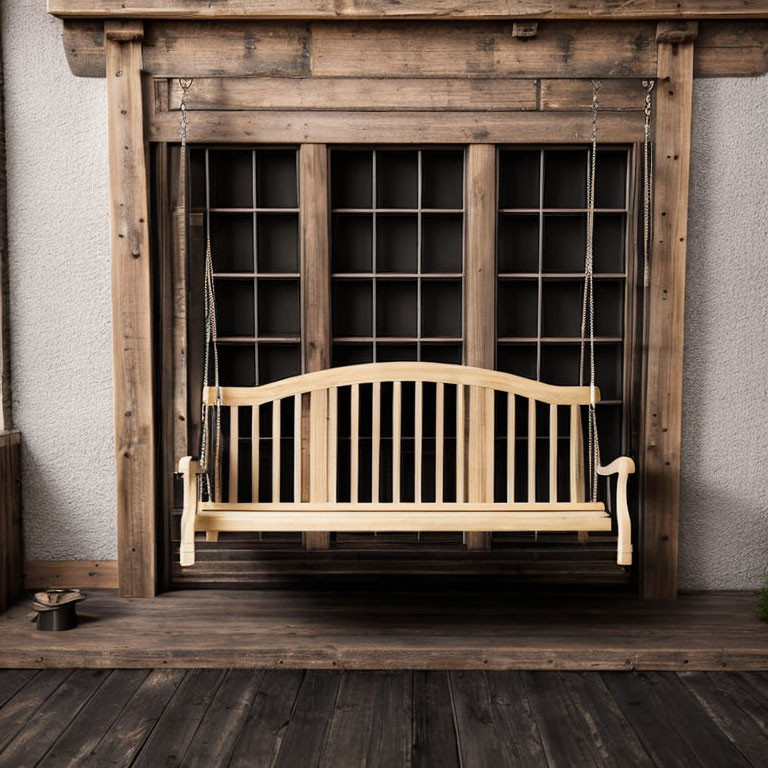 Rustic house with wooden porch swing and grid window