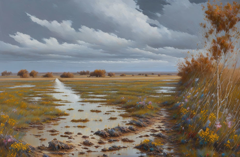 Tranquil wetlands painting with water path, tall reeds, cloudy skies, and wildflowers