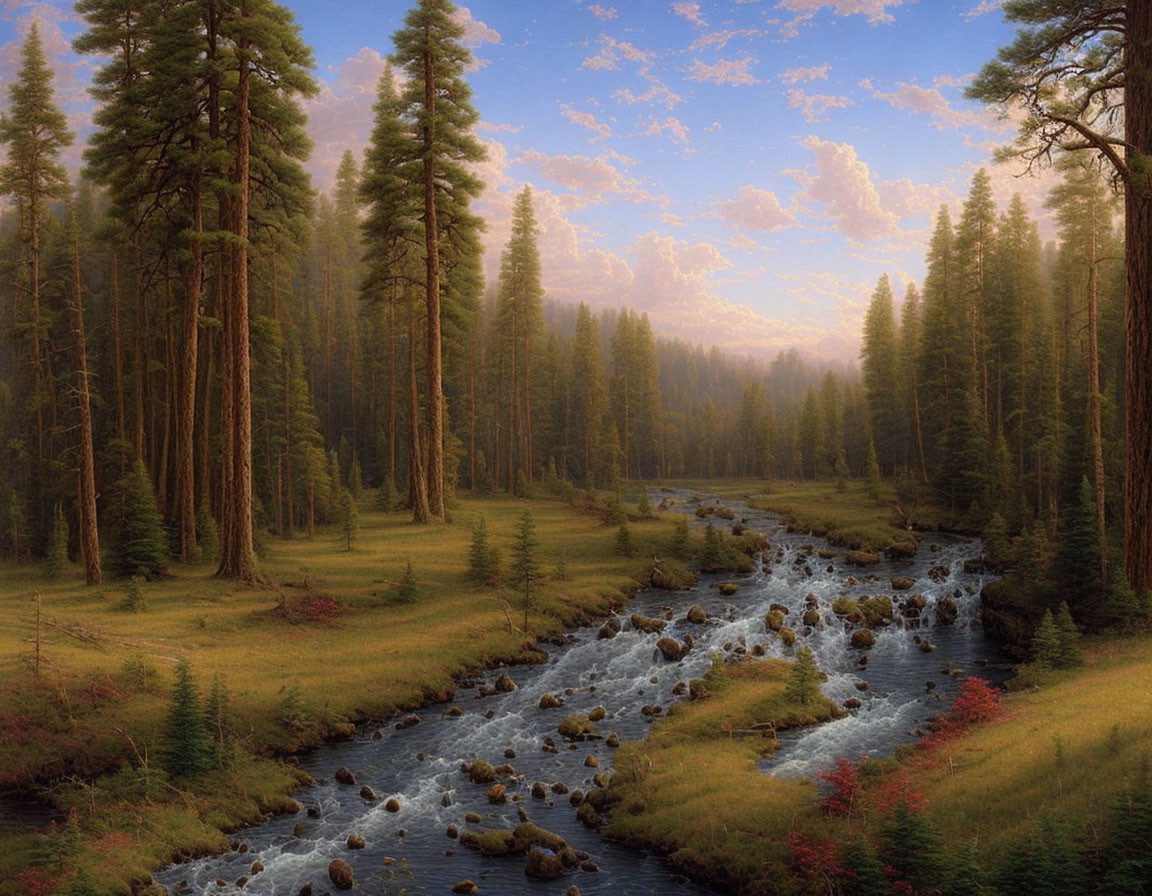 Tranquil landscape: meandering river, dense forest, tall pine trees, softly lit sky