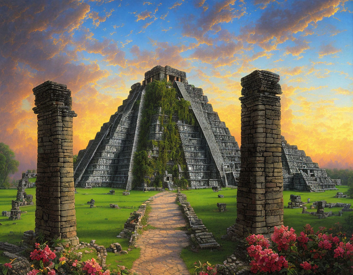 Ancient Mesoamerican pyramid in ruins with stone pathway, vibrant flowers, and dramatic sunset sky