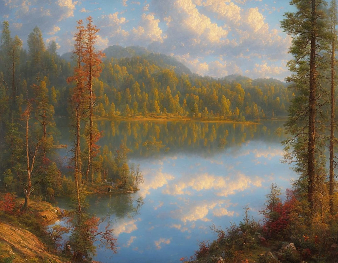 Tranquil autumn landscape with reflective lake and cloudy sky