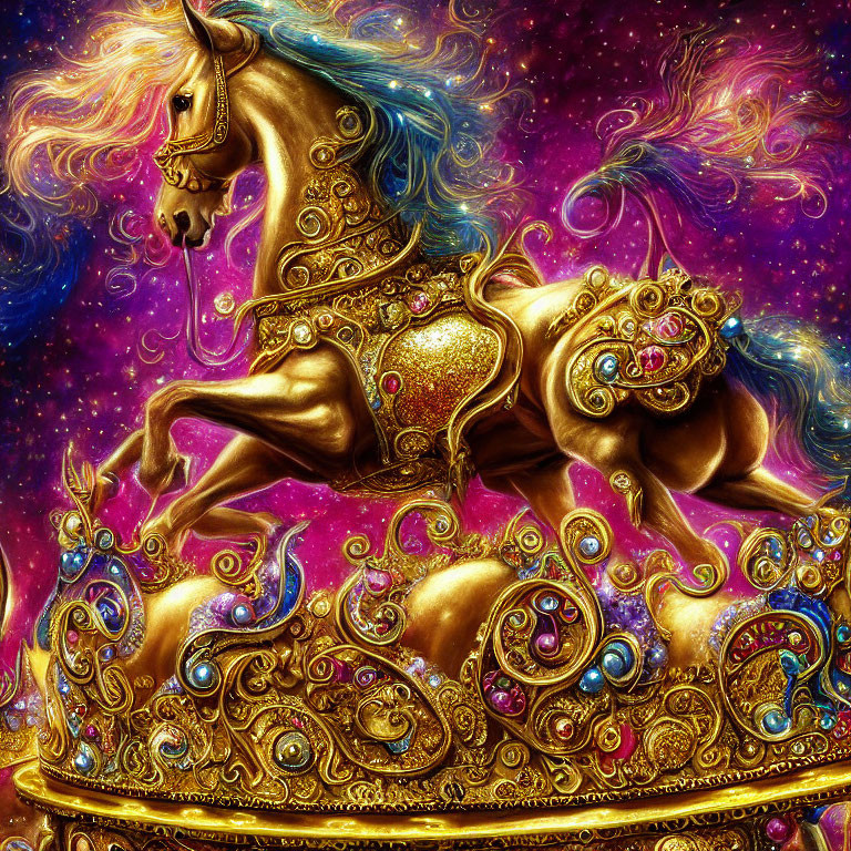 Colorful Carousel Unicorn on Swirling Nebula Background