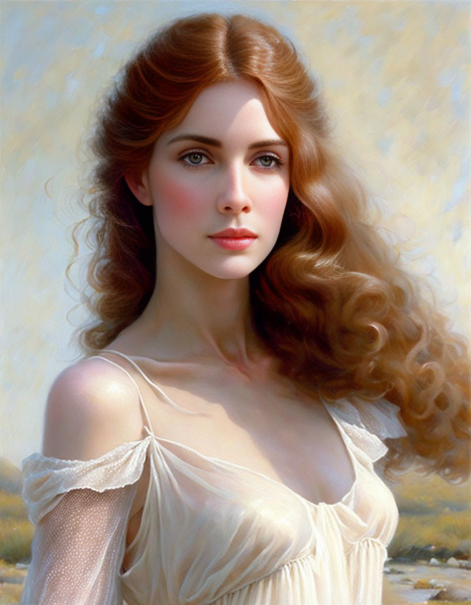 Portrait of Woman with Auburn Hair and Blue Eyes in White Dress Outdoor