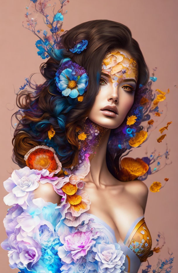 Woman's portrait with flowers and butterflies blending into her features