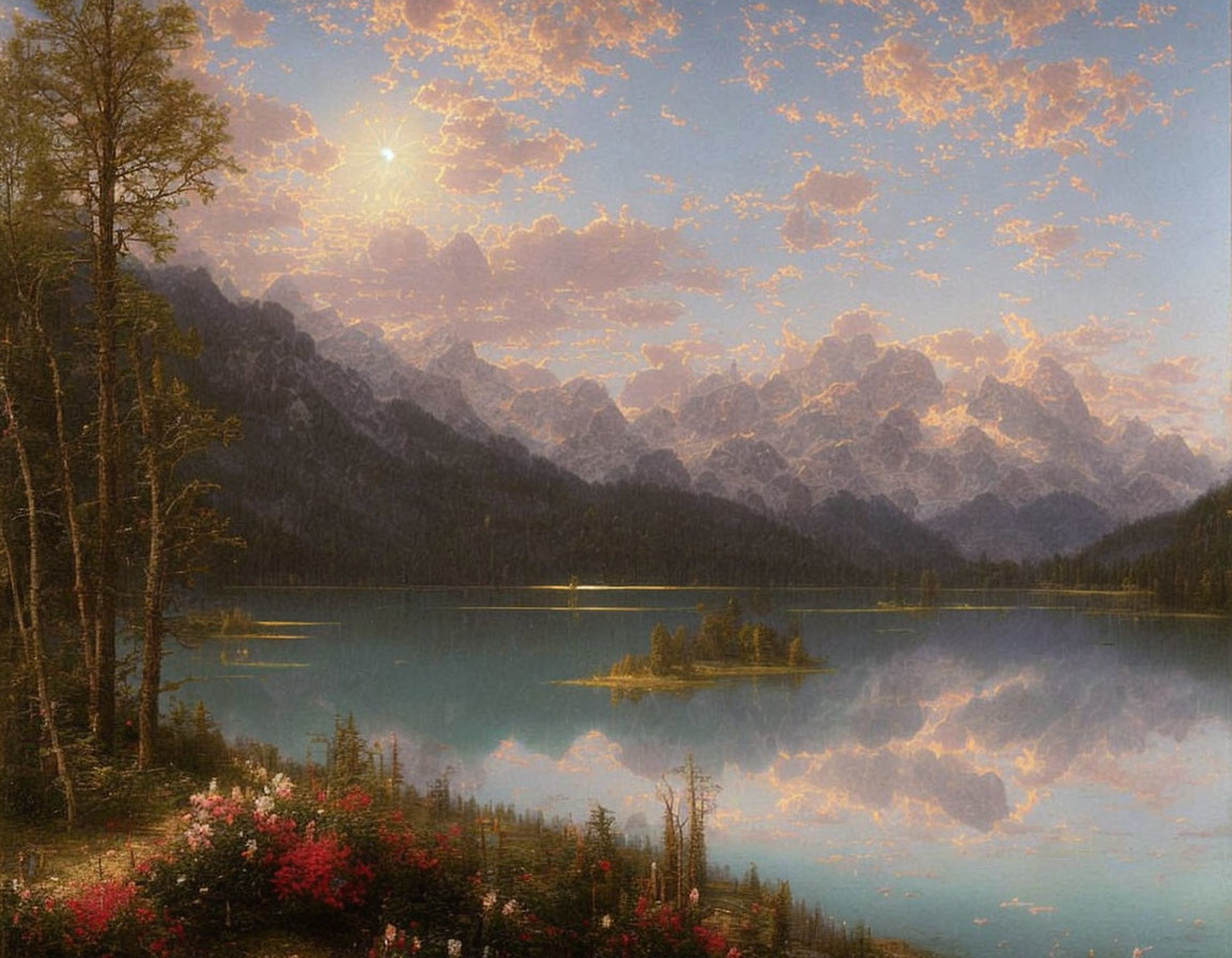 Tranquil lake with pastel sky, sun, forests, and mountains