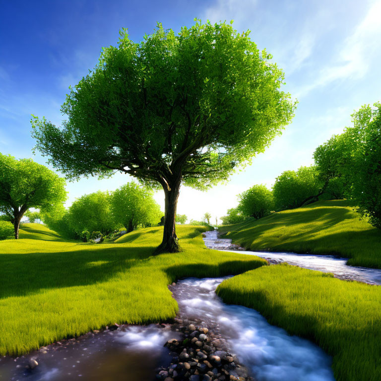 Lush Green Tree by Babbling Stream in Vibrant Landscape