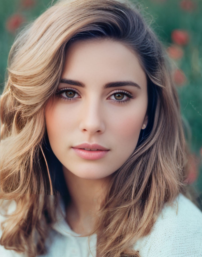 Young woman portrait with long wavy hair and brown eyes against greenery and red flowers