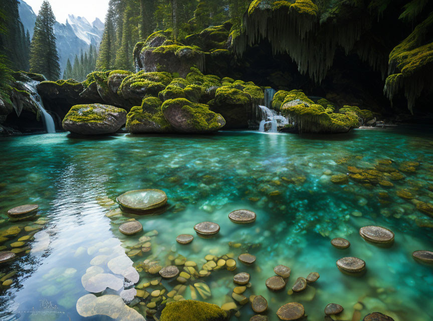 Tranquil forest landscape with moss-covered rocks, blue river, waterfalls, and lush green trees