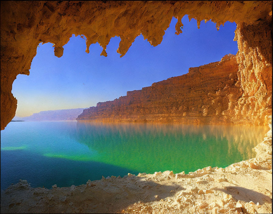 Tranquil emerald lake at cave opening with cliffs under golden sky