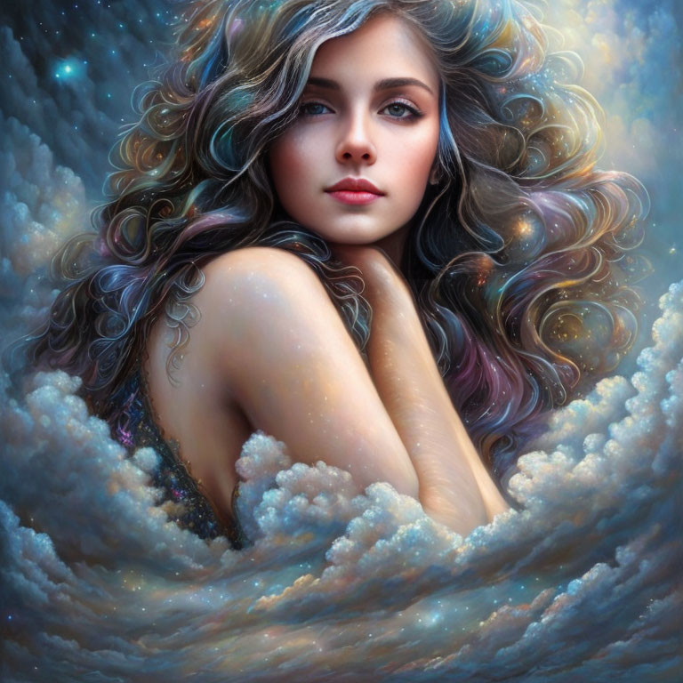 Portrait of woman with wavy hair in cosmic background.