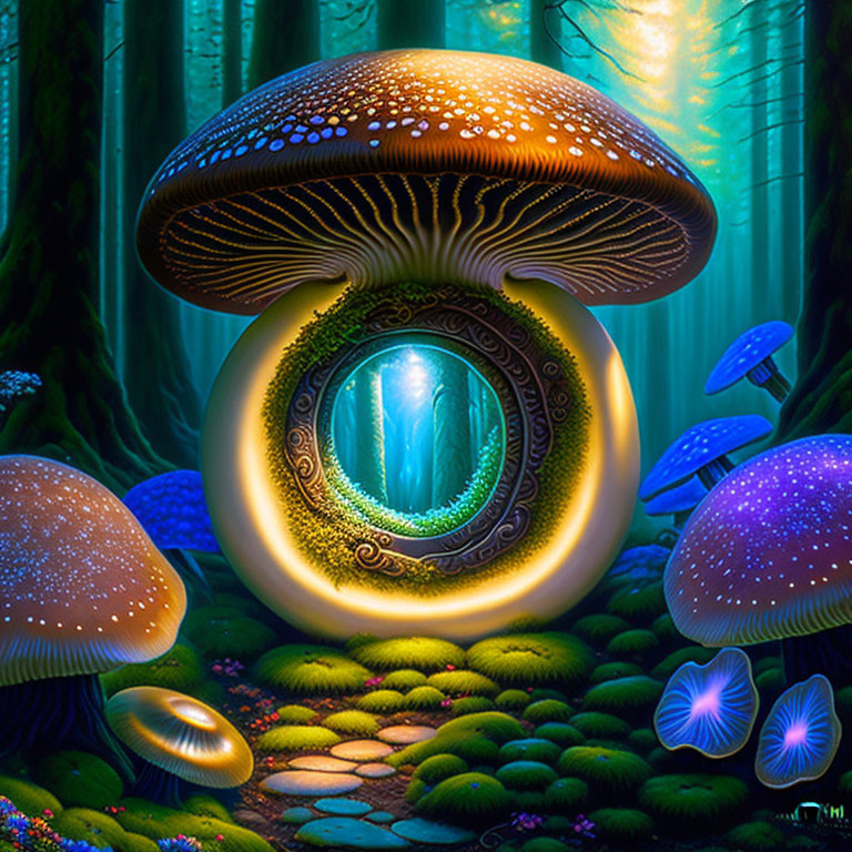 Fantasy forest with oversized mushroom and glowing portal surrounded by luminous fungi