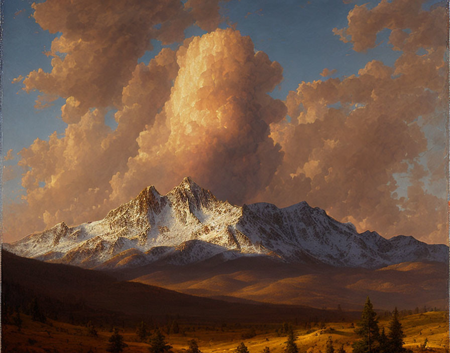 Mountain landscape painting with snow-capped peaks and dramatic sky