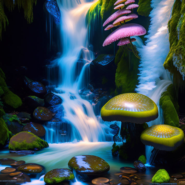 Fantasy landscape with oversized glowing mushrooms, small waterfall, rocks, moss, and snow.