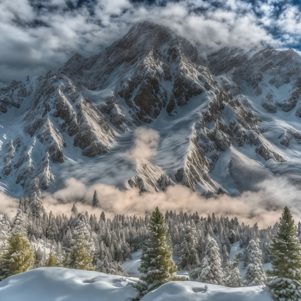 Majestic snow-covered mountain with misty peaks and frosty forest landscape