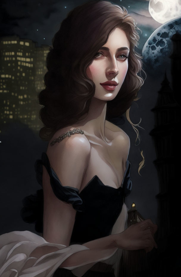 Digital artwork of woman with brown hair in black dress under moonlit night sky