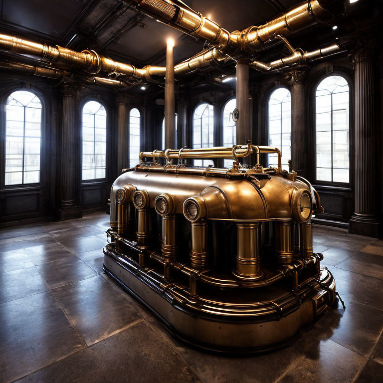 Industrial room with large copper brewing tanks, black walls, windows, and exposed pipes.