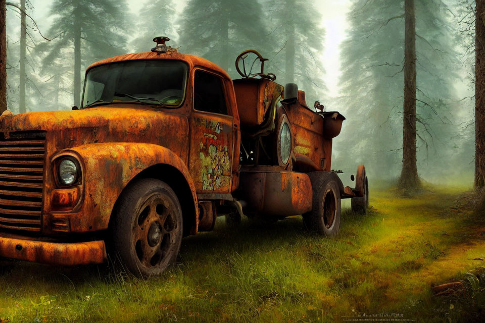 Abandoned rusty tow truck in misty forest with tall trees