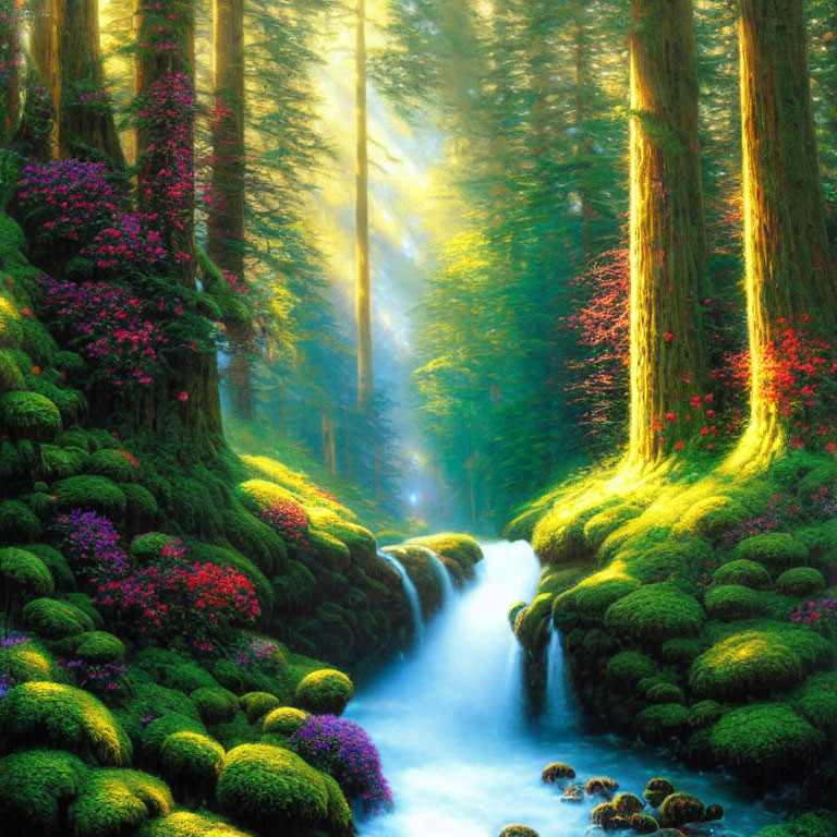 Vibrant forest scene with sunbeams, stream, waterfall, and pink flowers