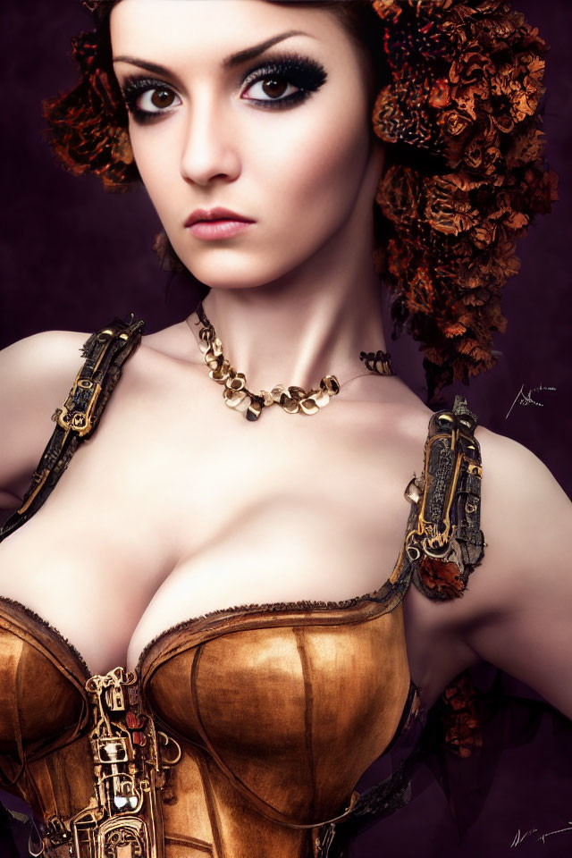 Intense gaze woman in steampunk corset with gear accents on purple backdrop