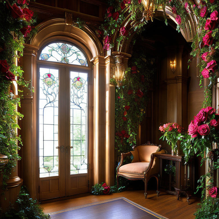Arched stained glass door with lush green vines and pink roses in elegant room