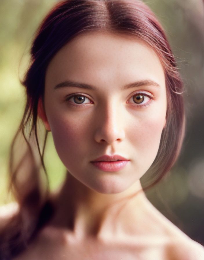 Young woman portrait: brown hair, fair skin, brown eyes, neutral expression