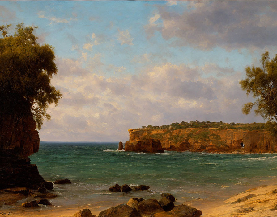 Tranquil seascape painting: rocky coast, lush trees, calm sea, cloudy sky