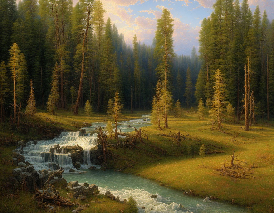 Tranquil landscape: waterfall, evergreen trees, twilight glow