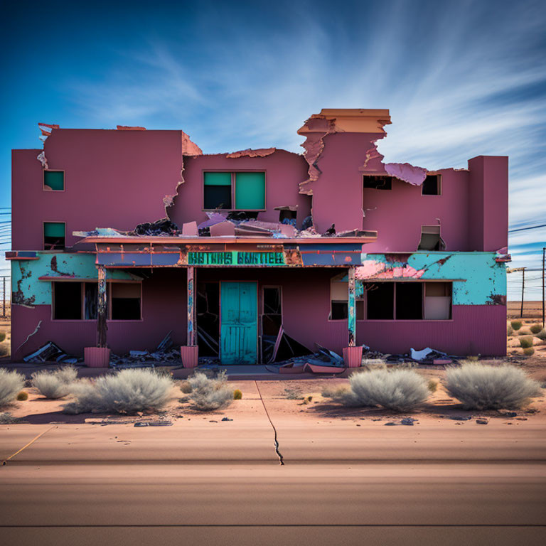 Dilapidated Two-Story Pink Building with Damage and Debris