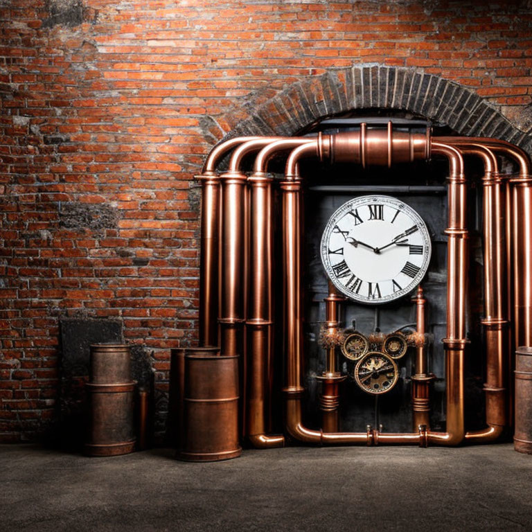 Steampunk-inspired clock with copper pipes and gears against brick wall