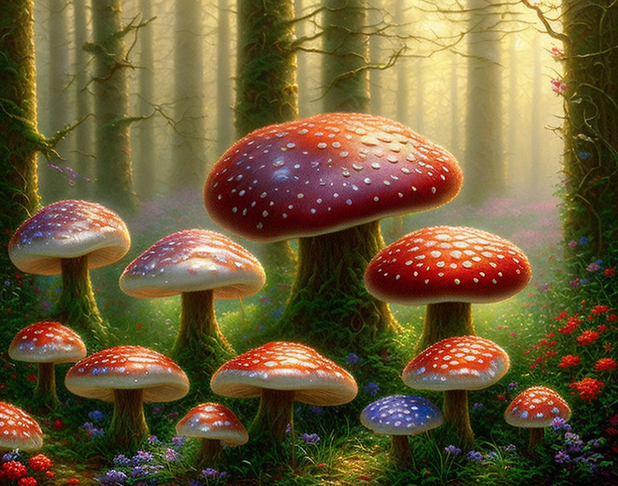 Enchanting forest scene with oversized red mushrooms and misty sunlight