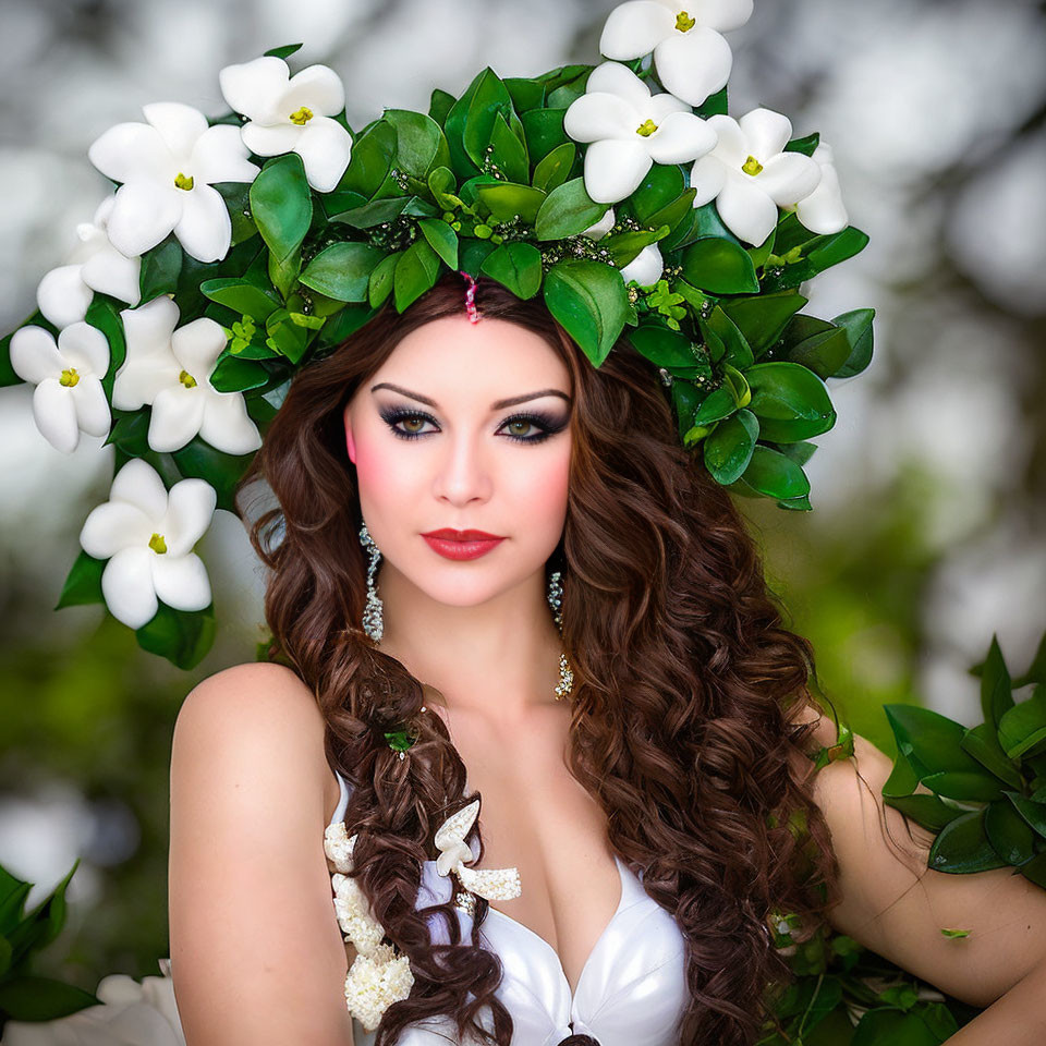 Woman adorned with white flower crown, long wavy hair, dramatic makeup, and earrings