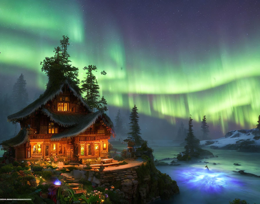 Cozy cabin under northern lights in snowy landscape