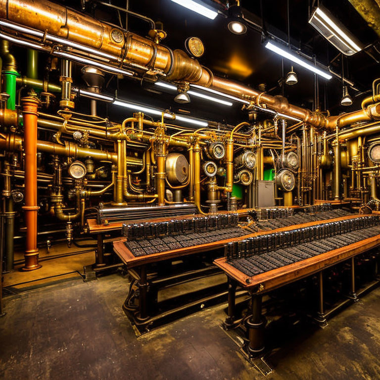 Steampunk-themed room with golden pipes, dials, and beer taps on long table