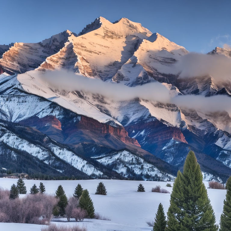 Majestic snow-covered mountain range in twilight with clouds and evergreen trees