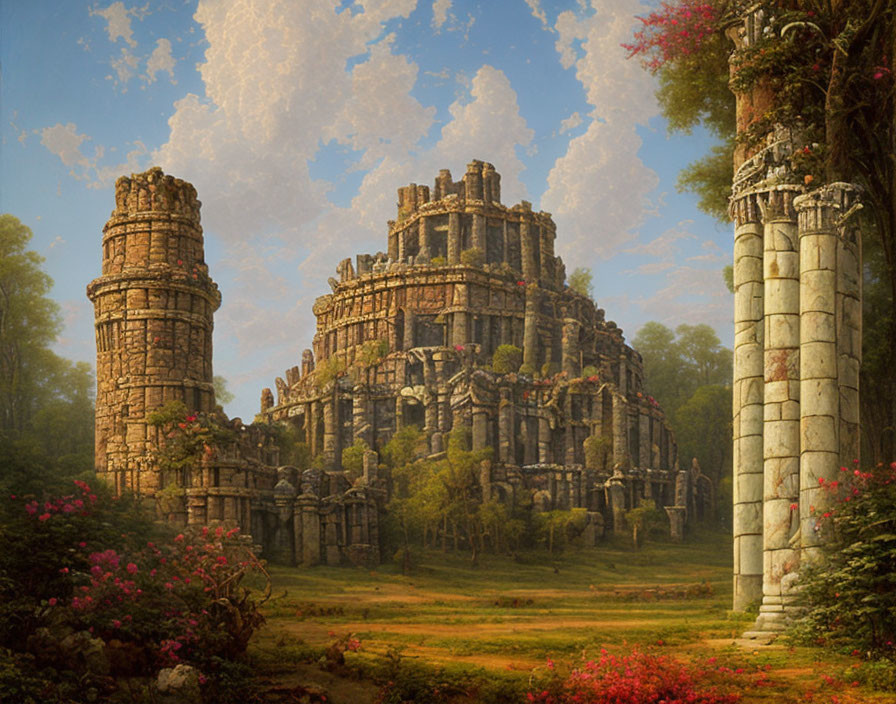 Ancient stone ruins in forest with columns, flowers, and mystical sky